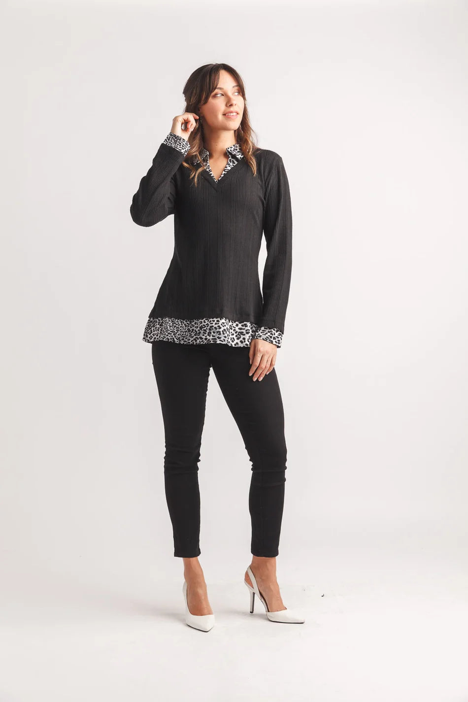 Ribbed Sweater W/Leopard Trim