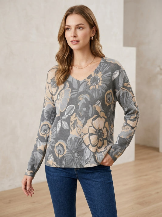 Floral V-Neck Sweater