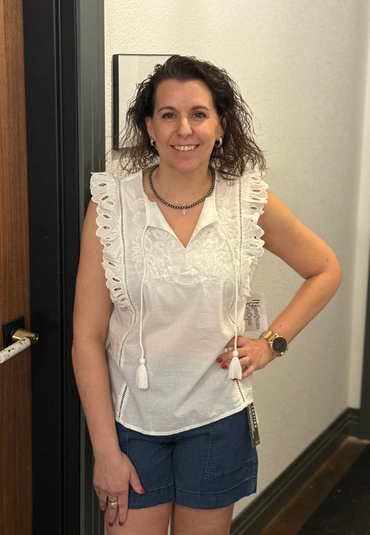 Frill Slv Top W/Embroidery