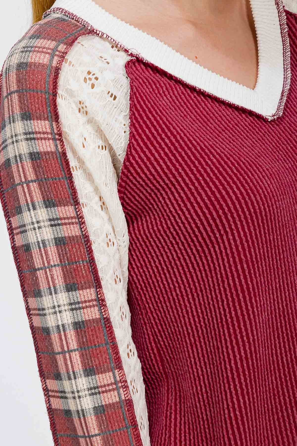 Plaid Contrast V-Neck Top