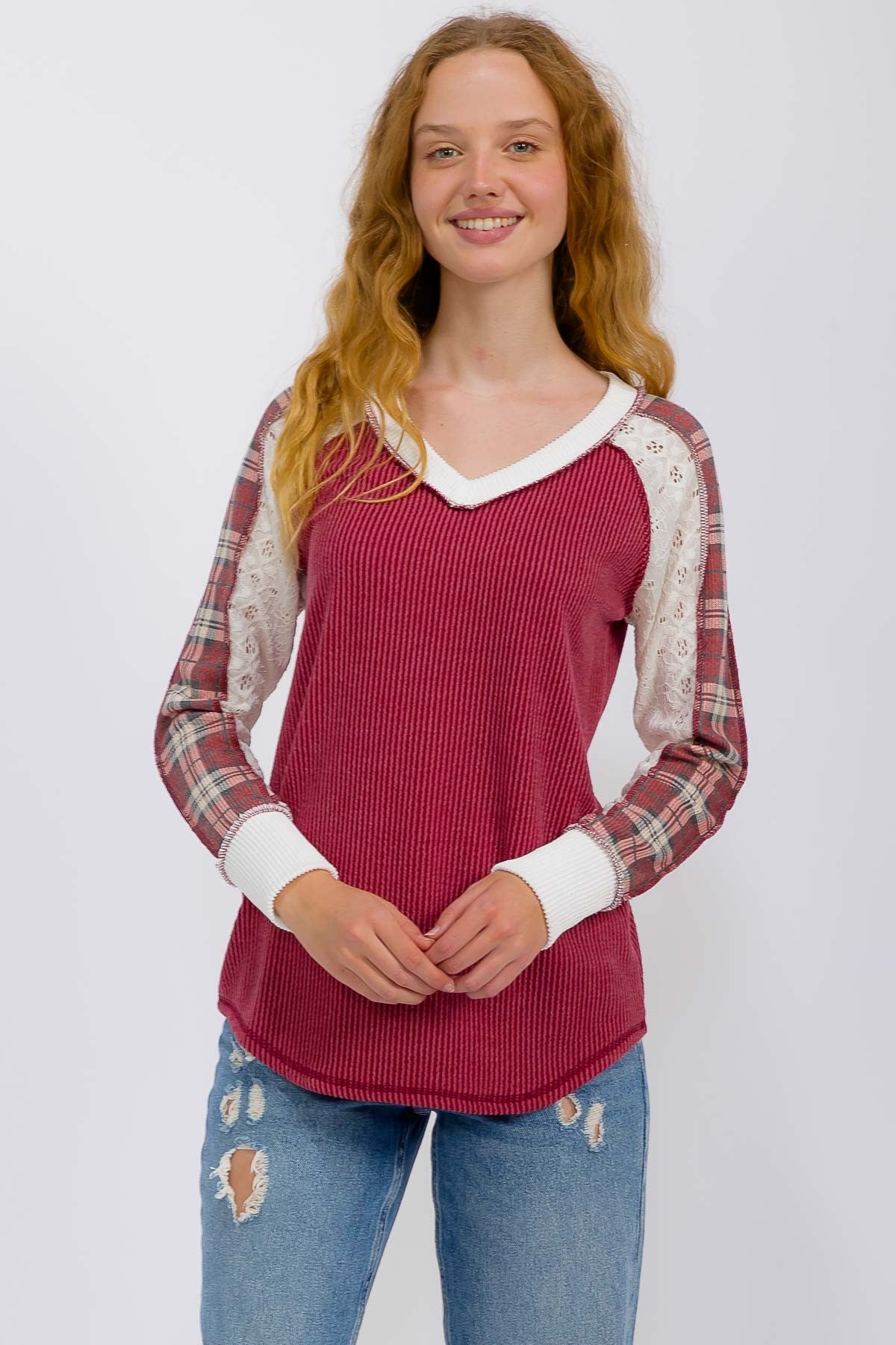 Plaid Contrast V-Neck Top