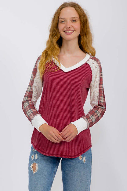 Plaid Contrast V-Neck Top