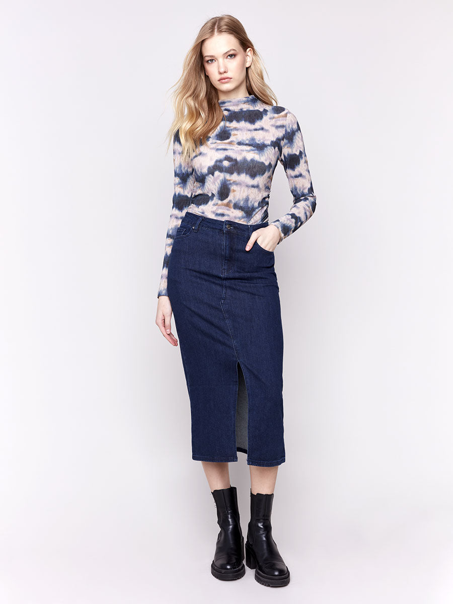 Classic Denim Midi Skirt w/ Front Slit - HQ