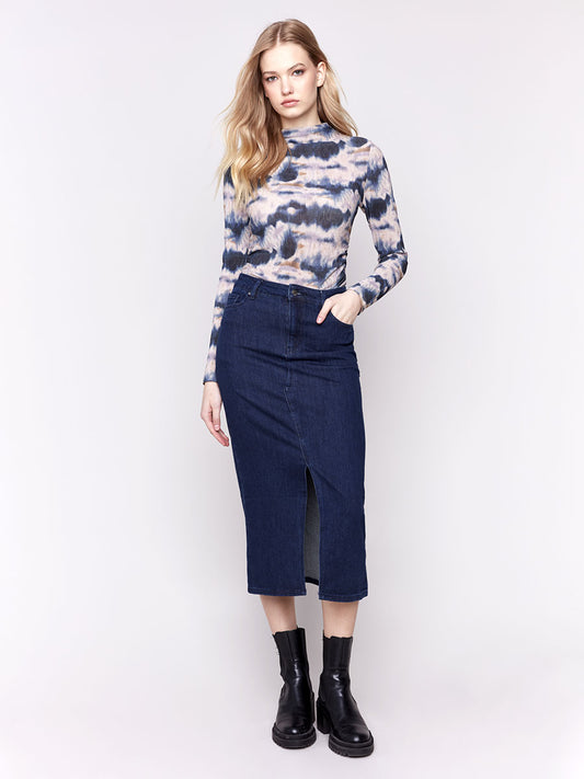 Classic Denim Midi Skirt w/ Front Slit - HQ