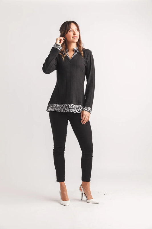 Ribbed Sweater W/Leopard Trim
